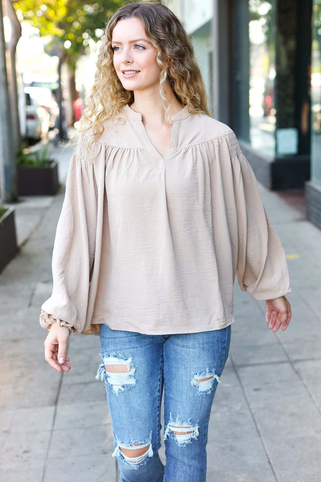 Boho Vibes Taupe Notched Neck Smocked Bubble Sleeve Top - Nikki &amp; Co. Boutique