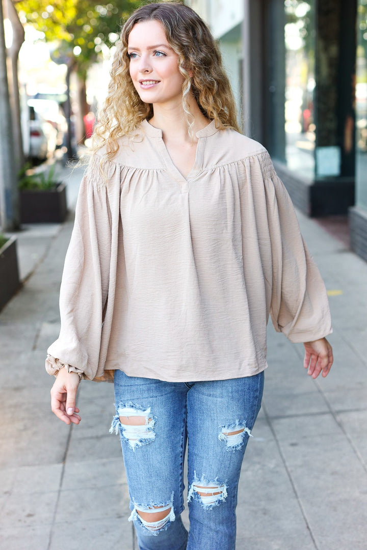 Boho Vibes Taupe Notched Neck Smocked Bubble Sleeve Tops | Nikki &amp; Co. Boutique