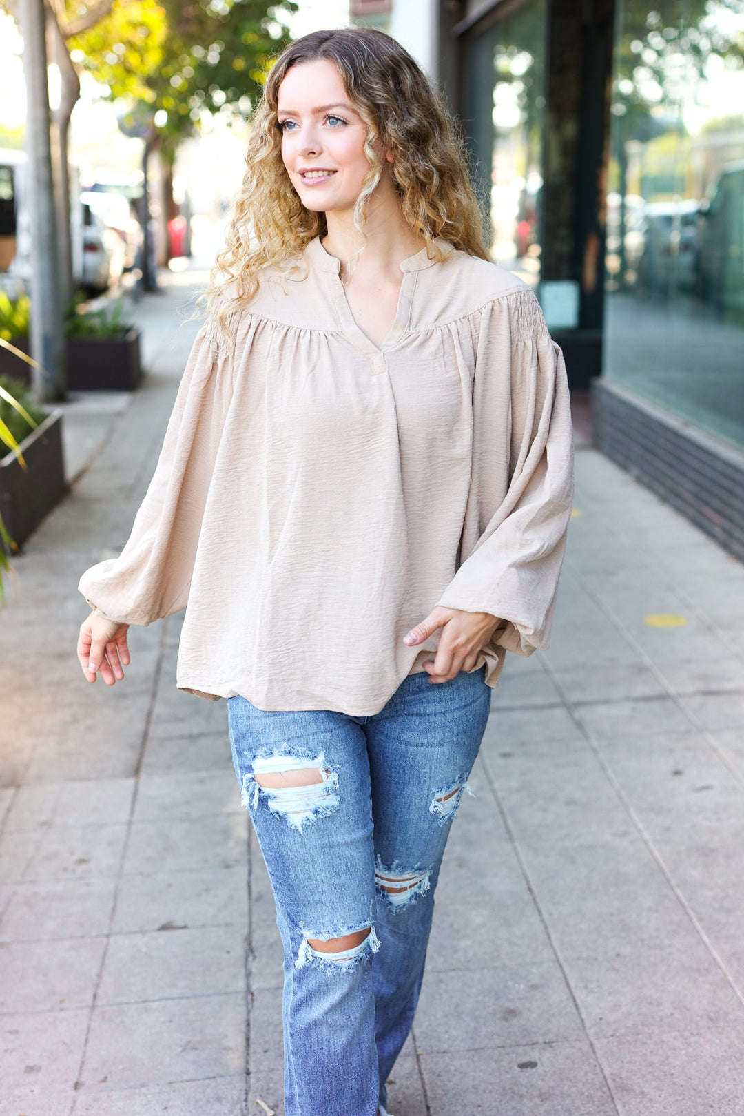 Boho Vibes Taupe Notched Neck Smocked Bubble Sleeve Tops | Nikki &amp; Co. Boutique