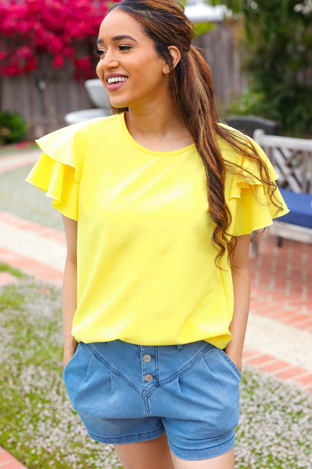 Lovely In Yellow Tiered Double Ruffle Sleeve Woven Tops | Nikki &amp; Co. Boutique