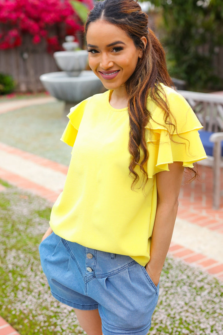 Lovely In Yellow Tiered Double Ruffle Sleeve Woven Tops | Nikki &amp; Co. Boutique