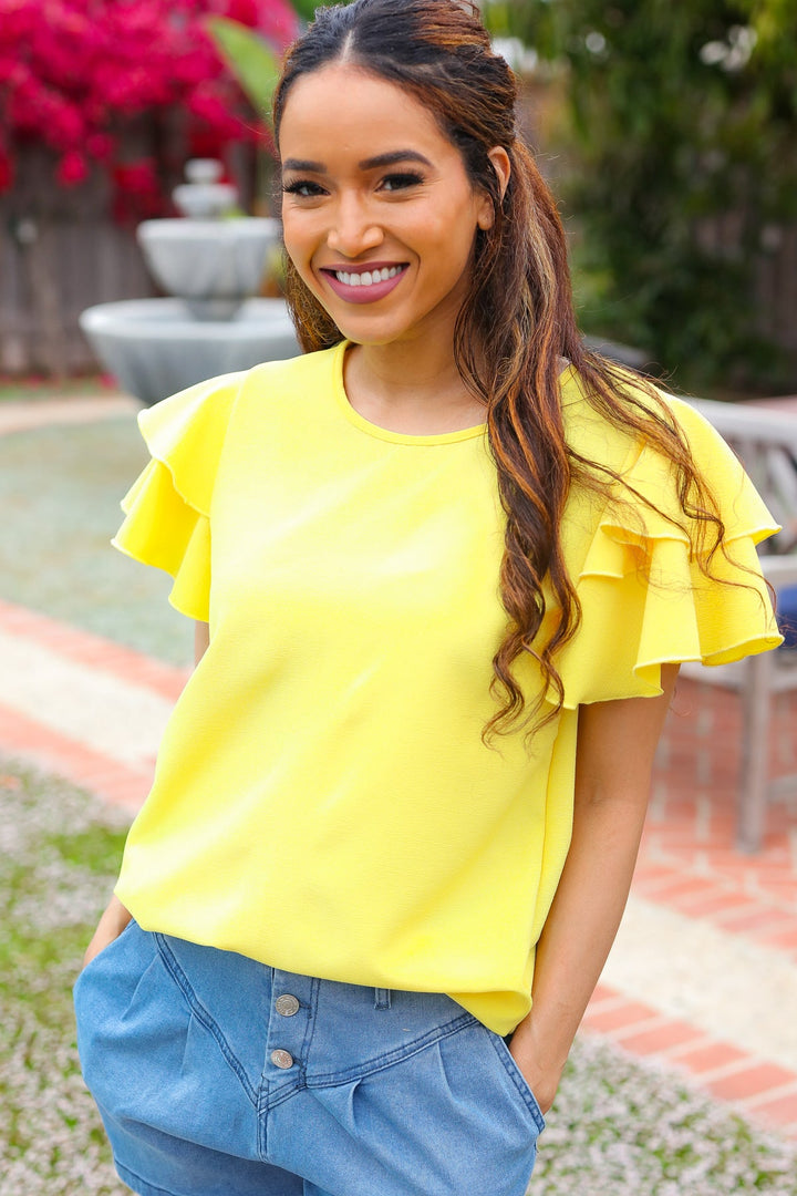 Lovely In Yellow Tiered Double Ruffle Sleeve Woven Tops | Nikki &amp; Co. Boutique