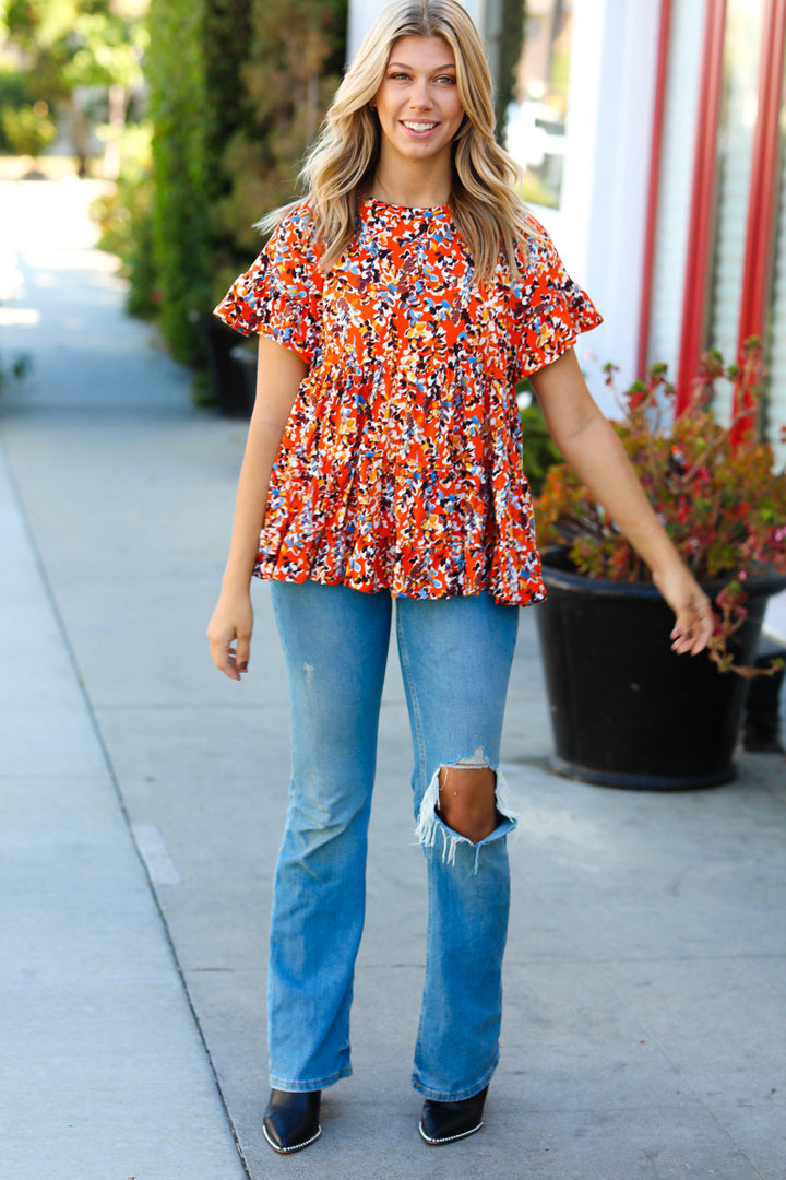 Rust &amp; Chocolate Floral Frill Ruffle Hem Tiered Swing Tops | Nikki &amp; Co. Boutique