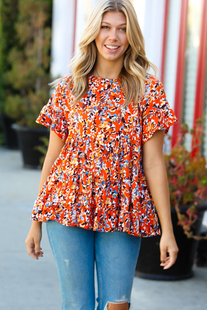 Rust &amp; Chocolate Floral Frill Ruffle Hem Tiered Swing Tops | Nikki &amp; Co. Boutique