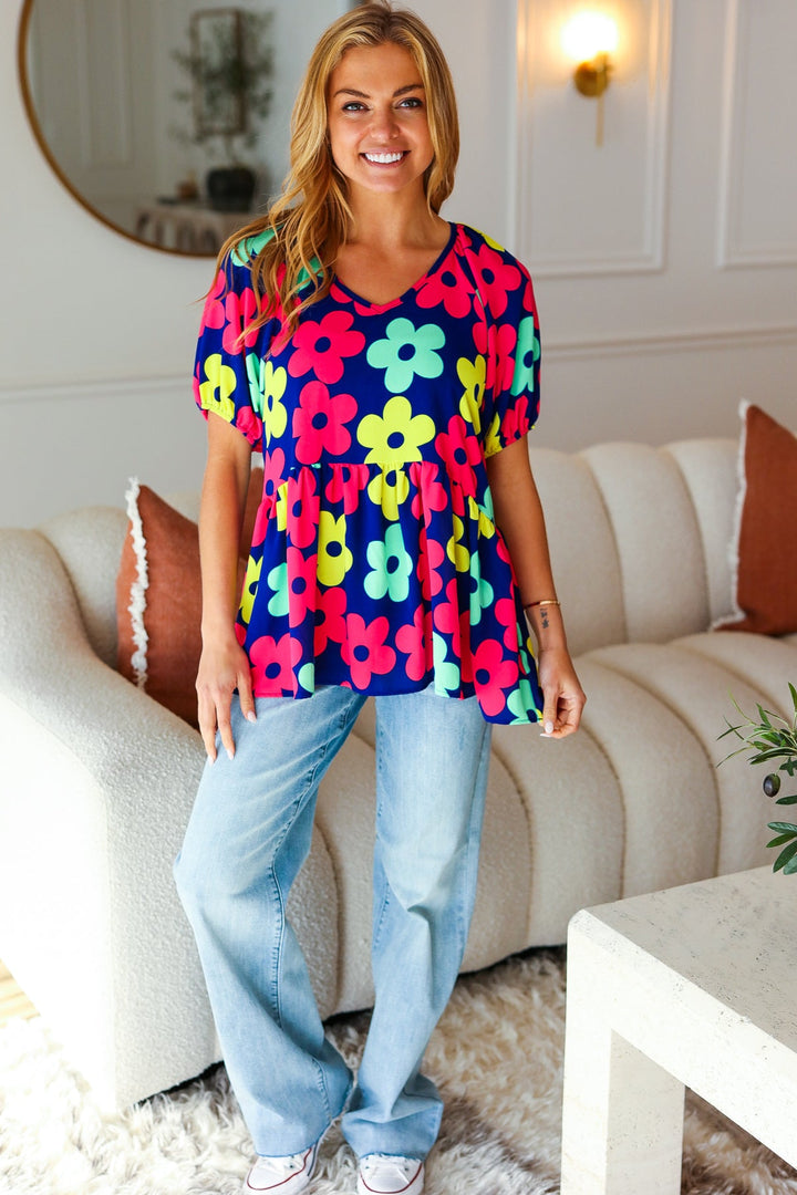 Sunny Days Navy Flat Floral Bubble Sleeve Babydoll Tops | Nikki &amp; Co. Boutique