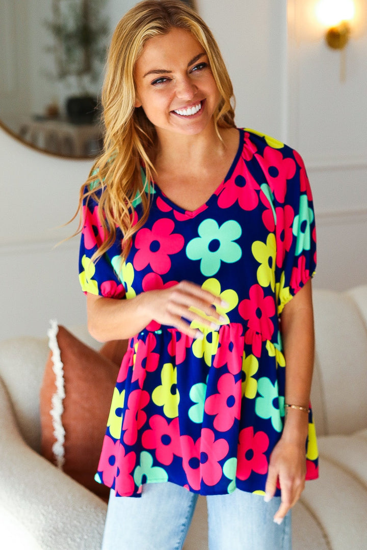 Sunny Days Navy Flat Floral Bubble Sleeve Babydoll Tops | Nikki &amp; Co. Boutique