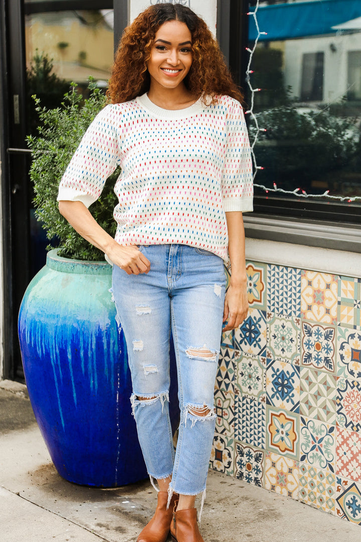 Spread Joy Ivory &amp; Multicolor Jacquard Bubble Sleeve Sweater | Nikki &amp; Co. Boutique