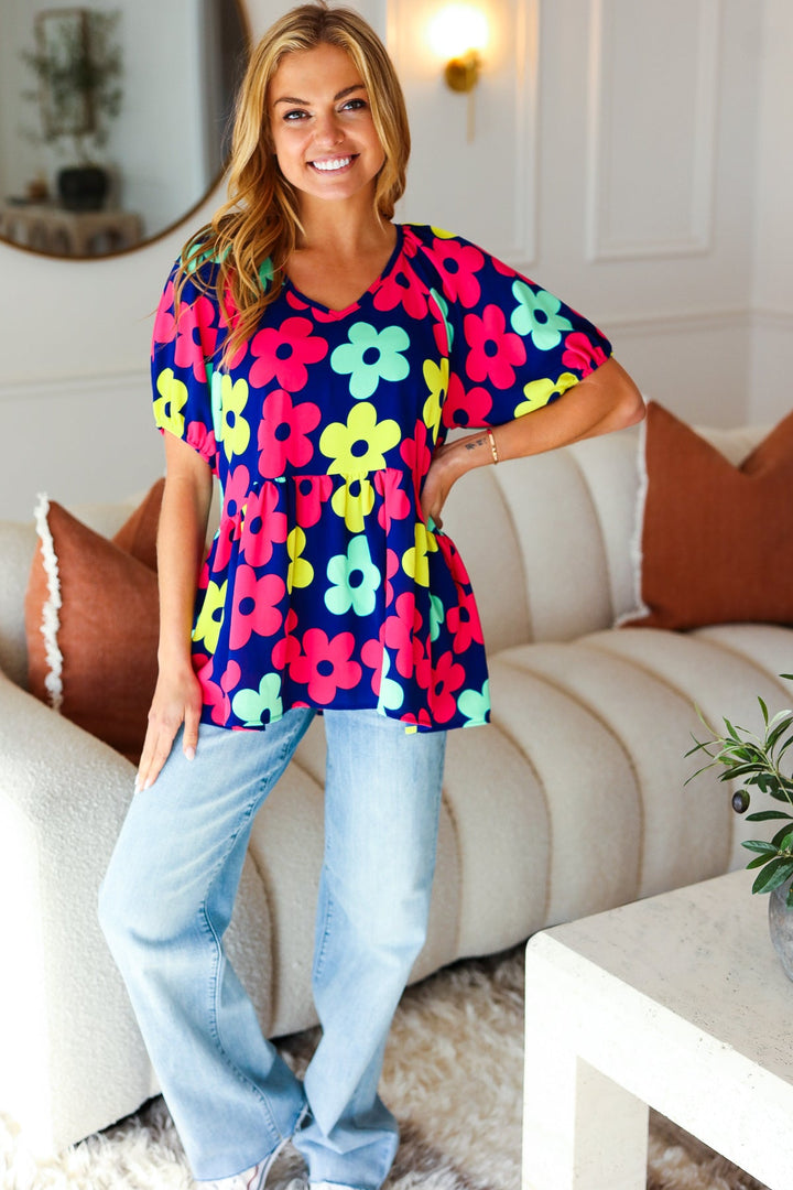 Sunny Days Navy Flat Floral Bubble Sleeve Babydoll Tops | Nikki &amp; Co. Boutique