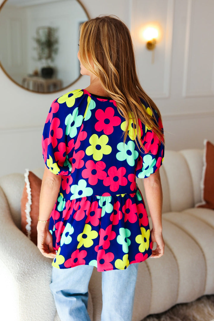 Sunny Days Navy Flat Floral Bubble Sleeve Babydoll Tops | Nikki &amp; Co. Boutique