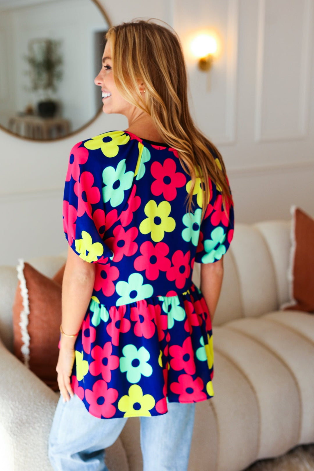 Sunny Days Navy Flat Floral Bubble Sleeve Babydoll Tops | Nikki &amp; Co. Boutique