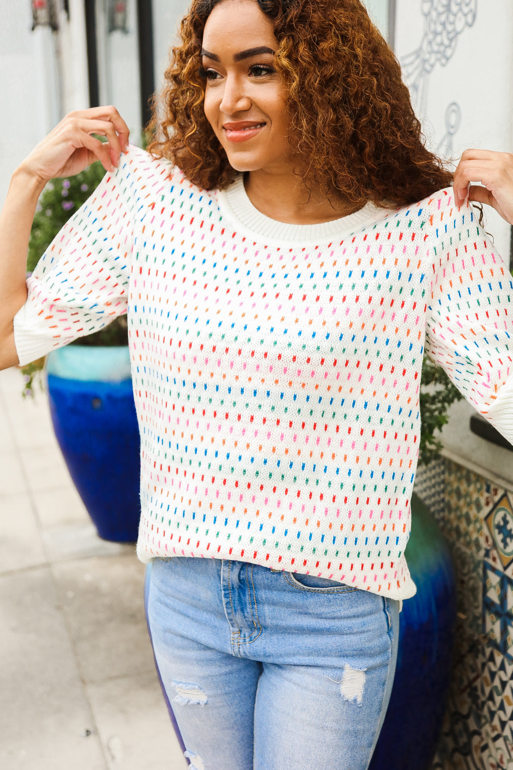 Spread Joy Ivory &amp; Multicolor Jacquard Bubble Sleeve Sweater | Nikki &amp; Co. Boutique