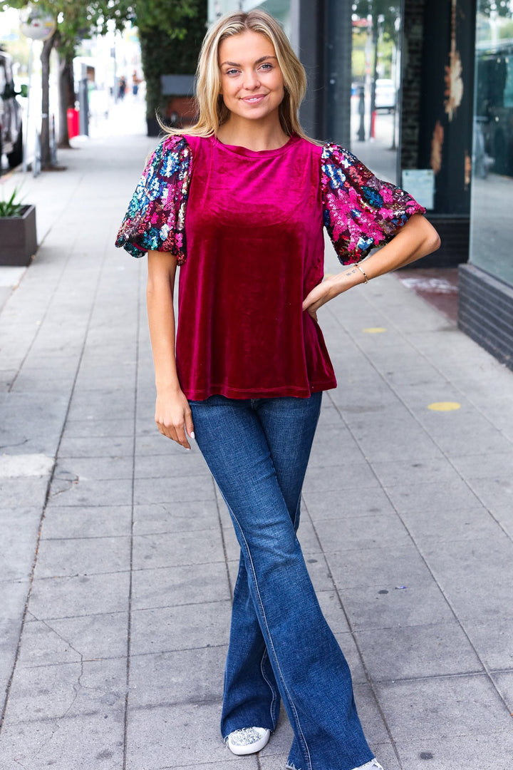 Diva Dreams Wine Floral Sequin Puff Sleeve Velvet Tops | Nikki &amp; Co. Boutique