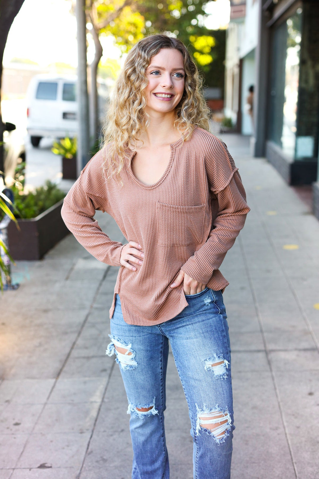 Eyes On You Camel Mineral Wash Rib Notch Neck Pocketed Top | Nikki &amp; Co. Boutique
