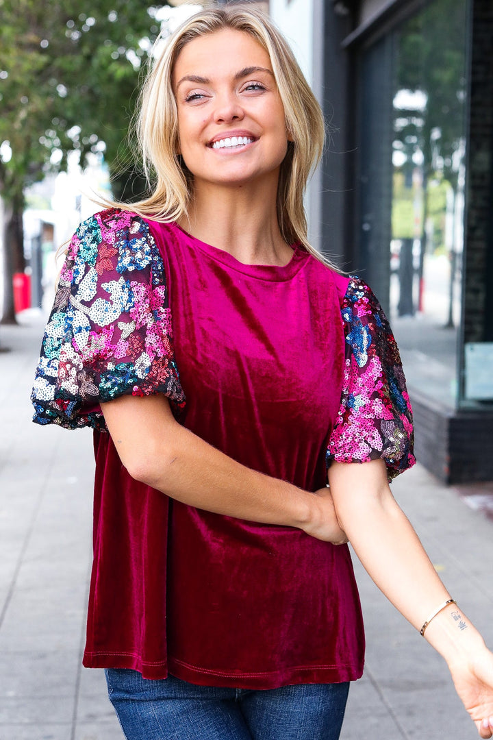 Diva Dreams Wine Floral Sequin Puff Sleeve Velvet Tops | Nikki &amp; Co. Boutique