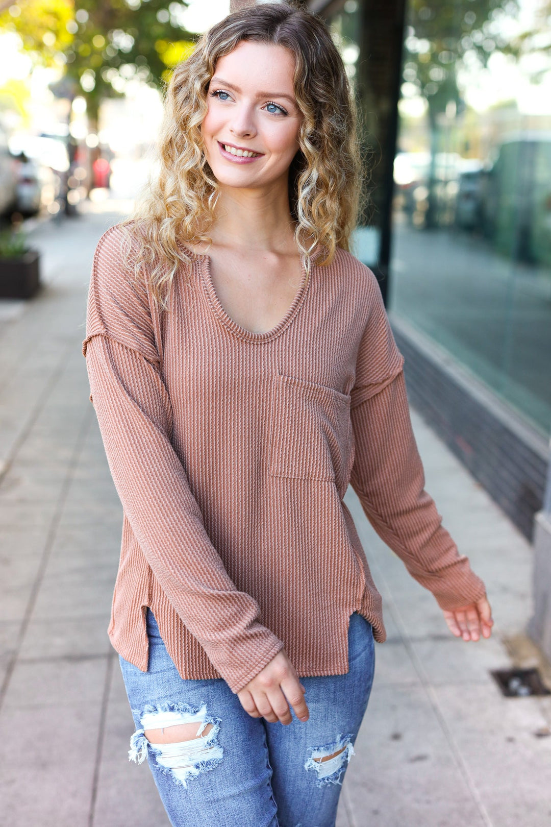Eyes On You Camel Mineral Wash Rib Notch Neck Pocketed Top | Nikki &amp; Co. Boutique