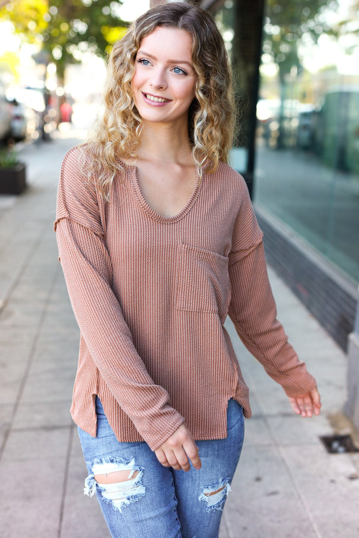 Eyes On You Camel Mineral Wash Rib Notch Neck Pocketed Top | Nikki &amp; Co. Boutique