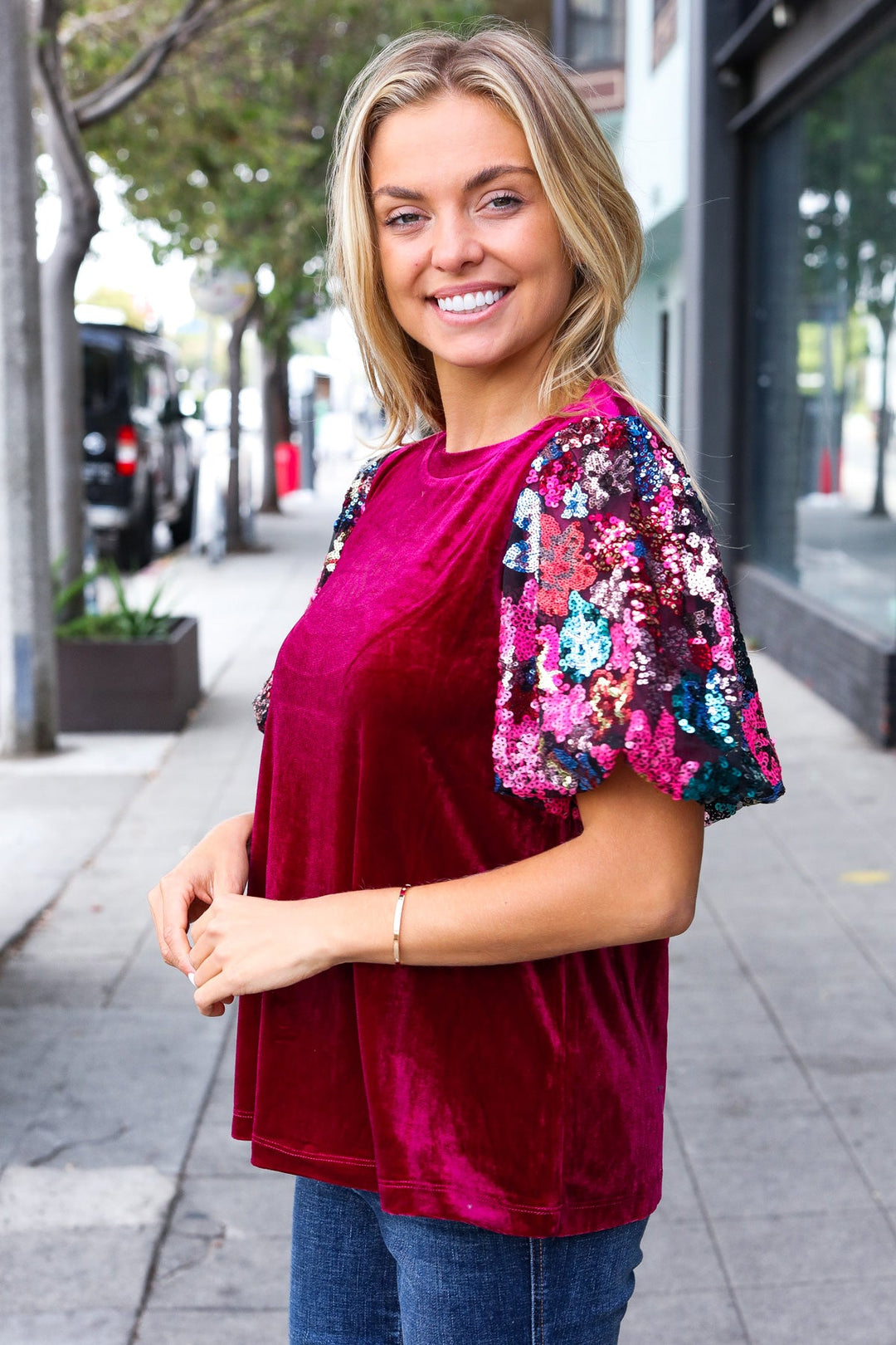 Diva Dreams Wine Floral Sequin Puff Sleeve Velvet Tops | Nikki &amp; Co. Boutique