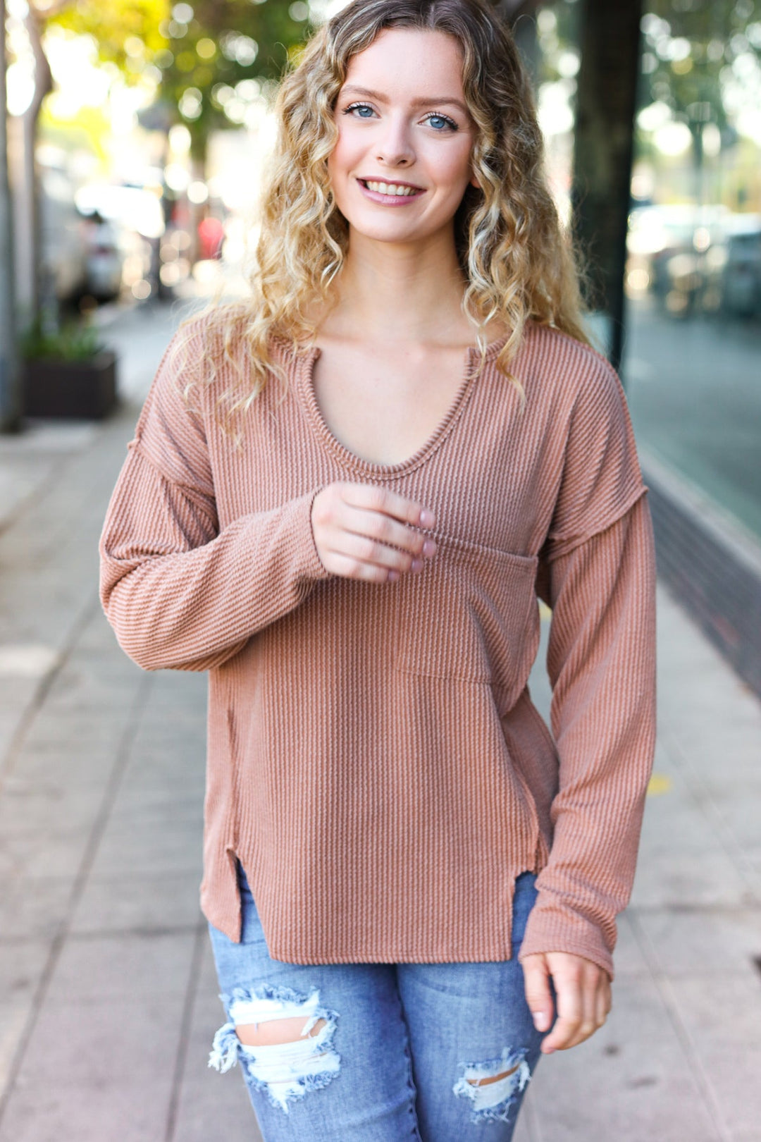 Eyes On You Camel Mineral Wash Rib Notch Neck Pocketed Top | Nikki &amp; Co. Boutique