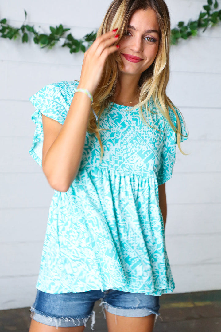 Aqua Boho Print Ruffle Shorts Sleeve Babydoll Tops | Nikki &amp; Co. Boutique