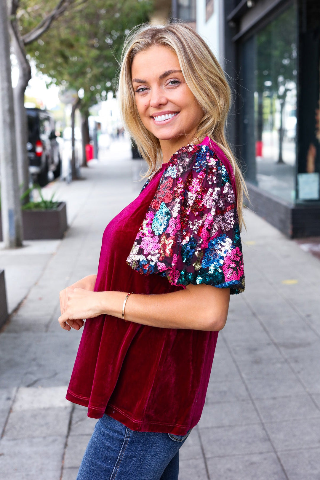 Diva Dreams Wine Floral Sequin Puff Sleeve Velvet Tops | Nikki &amp; Co. Boutique