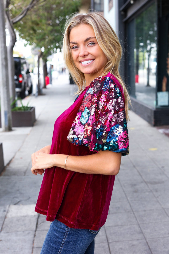 Diva Dreams Wine Floral Sequin Puff Sleeve Velvet Tops | Nikki &amp; Co. Boutique