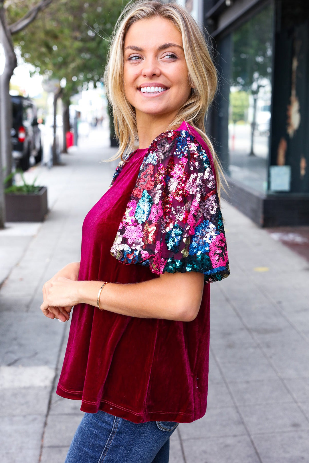 Diva Dreams Wine Floral Sequin Puff Sleeve Velvet Tops | Nikki &amp; Co. Boutique