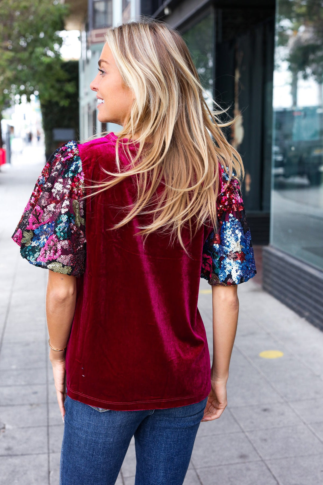 Diva Dreams Wine Floral Sequin Puff Sleeve Velvet Tops | Nikki &amp; Co. Boutique