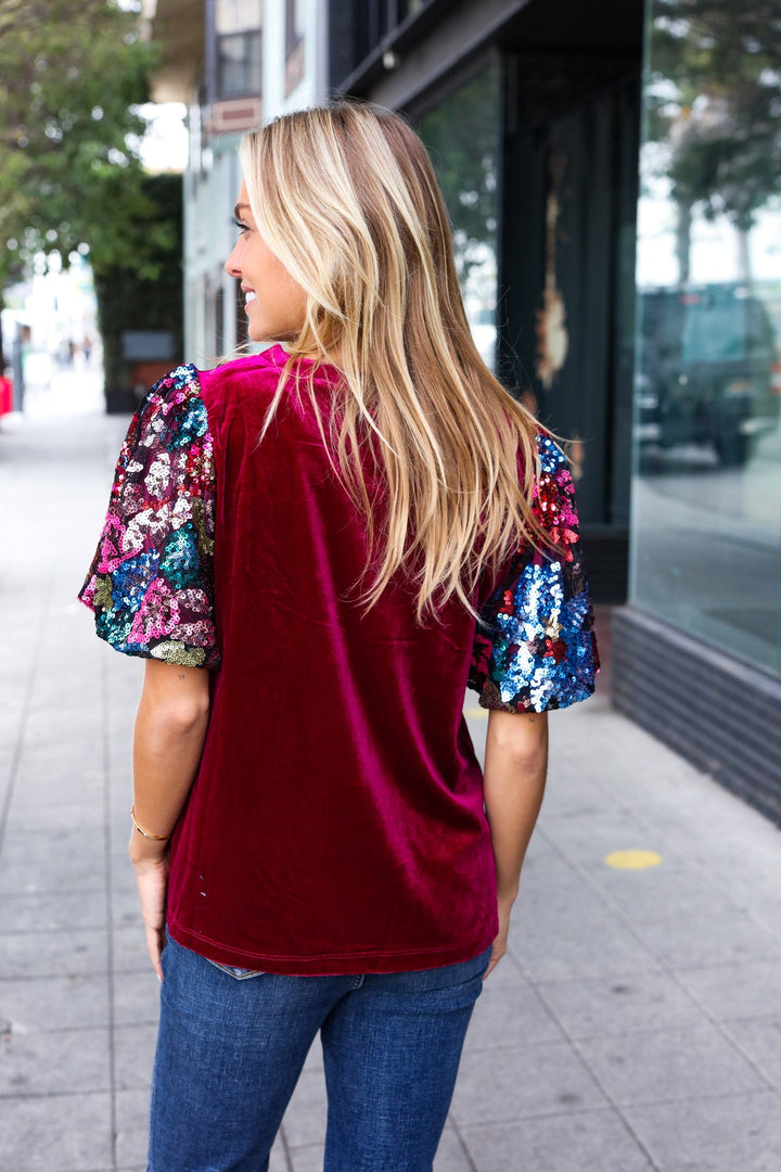 Diva Dreams Wine Floral Sequin Puff Sleeve Velvet Tops | Nikki &amp; Co. Boutique