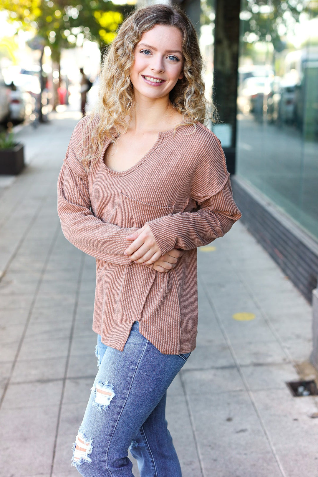 Eyes On You Camel Mineral Wash Rib Notch Neck Pocketed Top | Nikki &amp; Co. Boutique