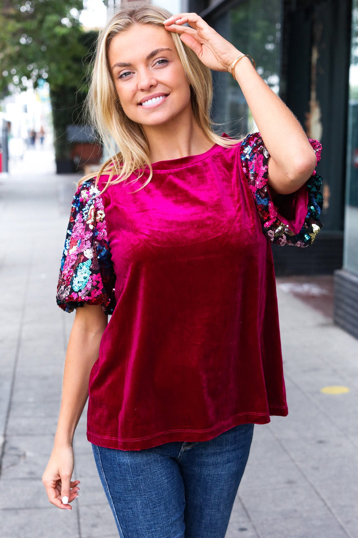 Diva Dreams Wine Floral Sequin Puff Sleeve Velvet Tops | Nikki &amp; Co. Boutique