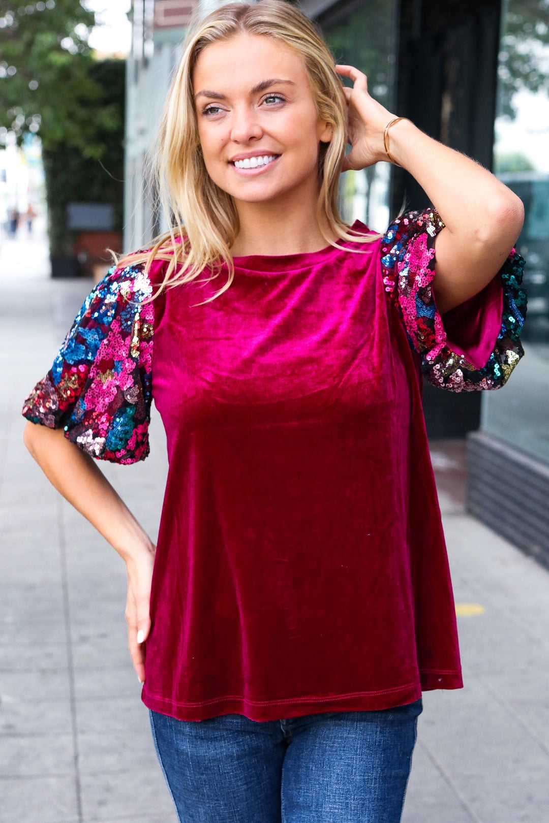 Diva Dreams Wine Floral Sequin Puff Sleeve Velvet Tops | Nikki &amp; Co. Boutique