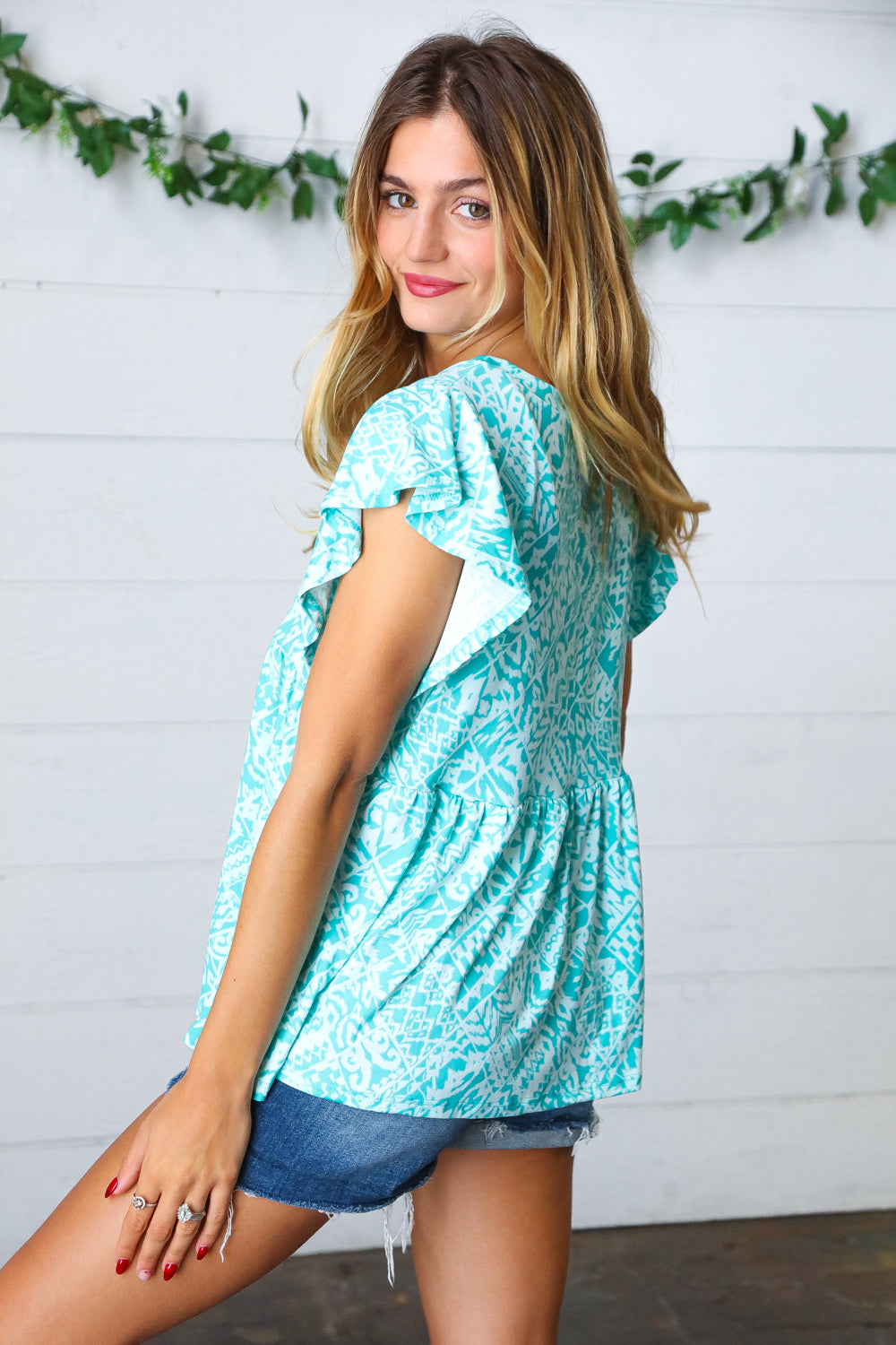 Aqua Boho Print Ruffle Shorts Sleeve Babydoll Tops | Nikki &amp; Co. Boutique