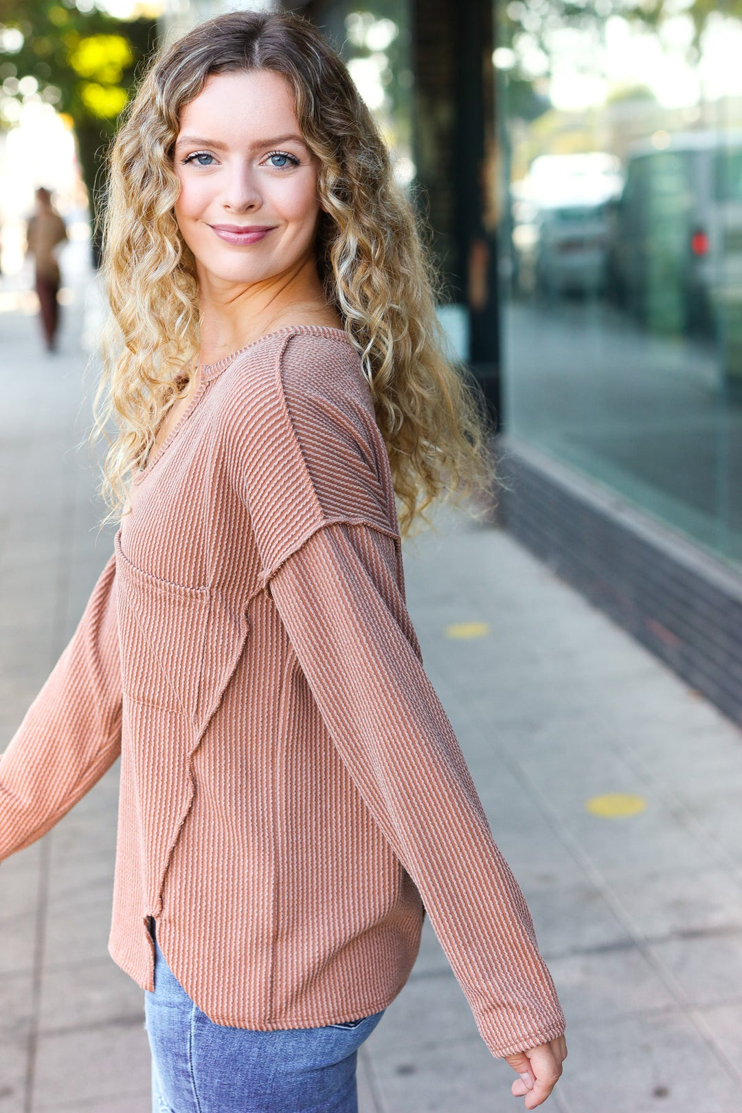 Eyes On You Camel Mineral Wash Rib Notch Neck Pocketed Top | Nikki &amp; Co. Boutique