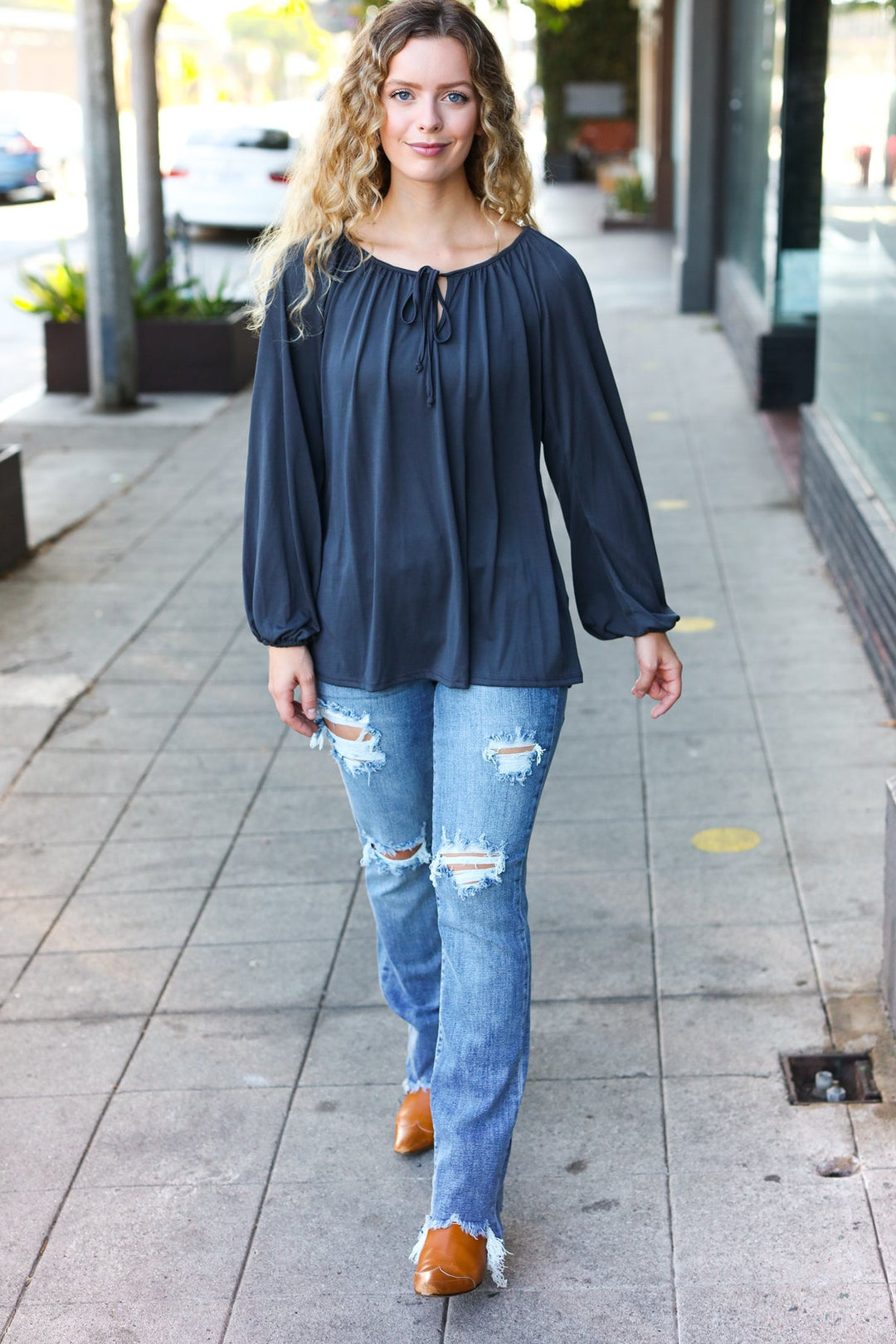 Versatile Charcoal Front Tie Modal Knit Peasant Tops | Nikki &amp; Co. Boutique