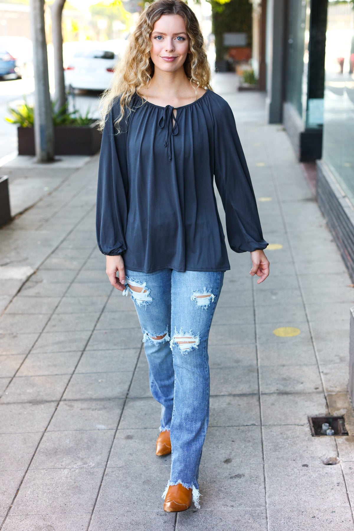 Versatile Charcoal Front Tie Modal Knit Peasant Top - Nikki and Co Boutique