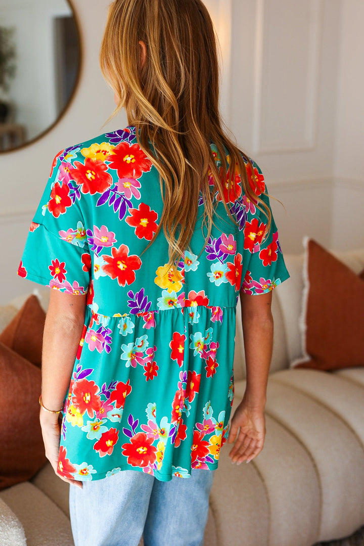 Take Me Away Teal Floral Drop Shoulder Babydoll Tops | Nikki &amp; Co. Boutique
