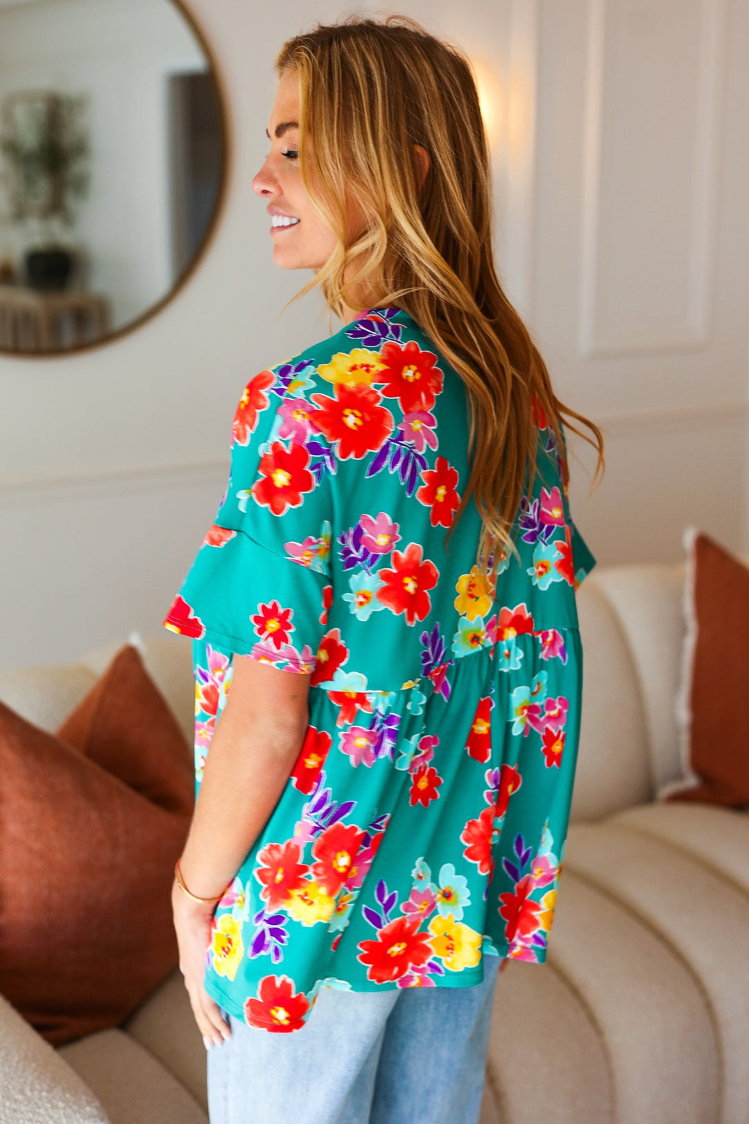 Take Me Away Teal Floral Drop Shoulder Babydoll Tops | Nikki &amp; Co. Boutique