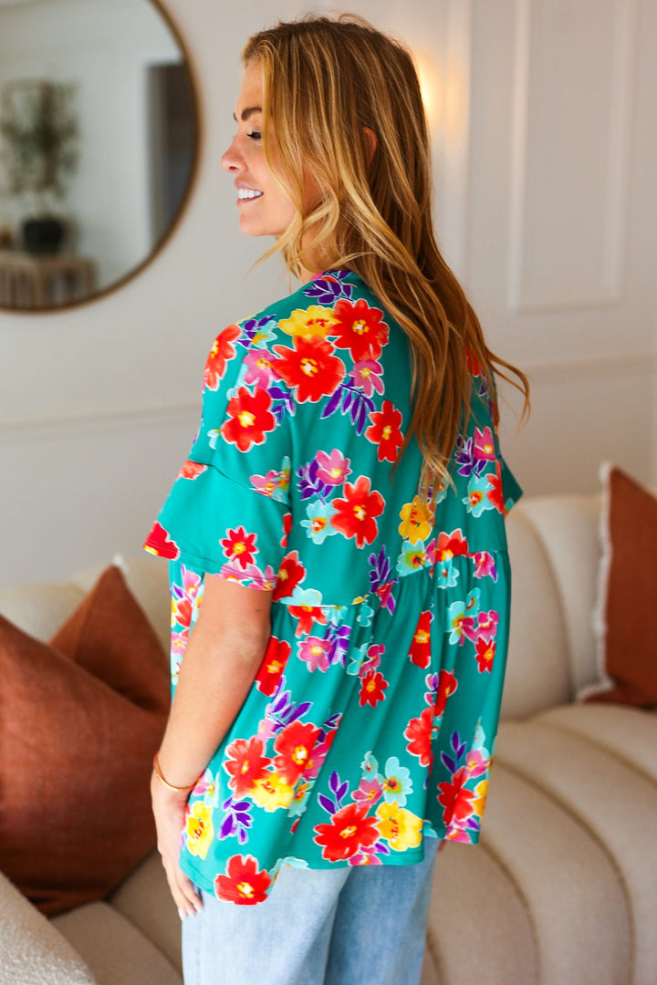 Take Me Away Teal Floral Drop Shoulder Babydoll Tops | Nikki &amp; Co. Boutique