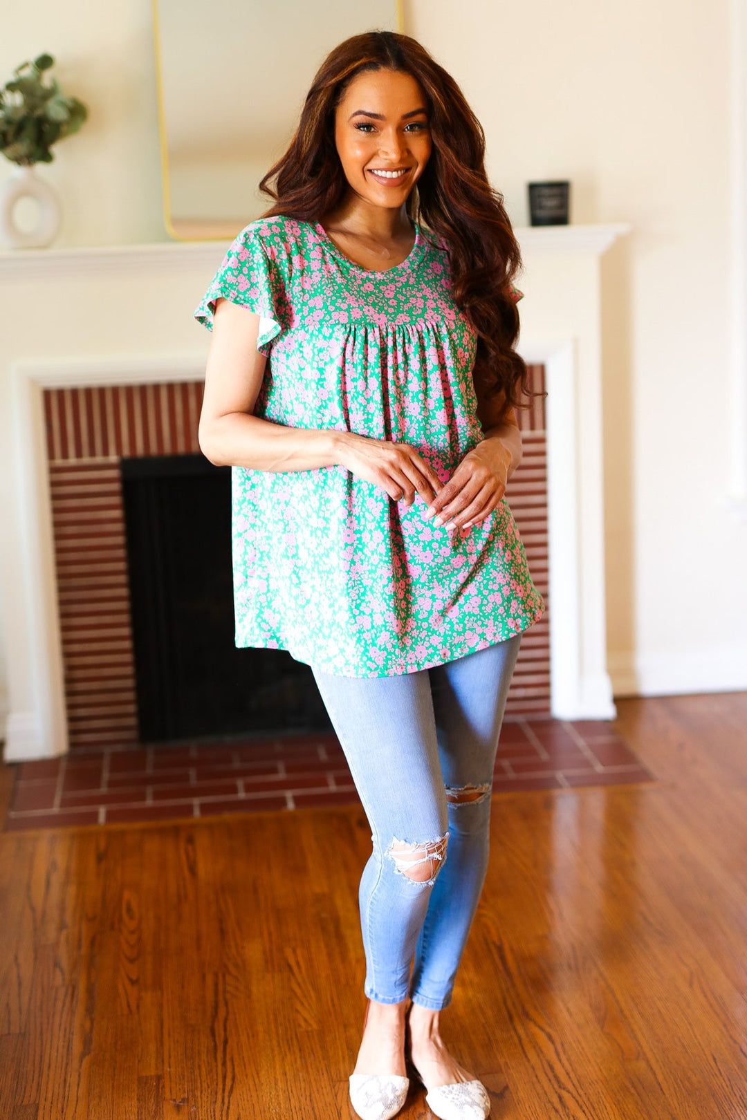 Dreamy Green &amp; Pink Floral Yoke Ruffle Shorts Sleeve Tops | Nikki &amp; Co. Boutique