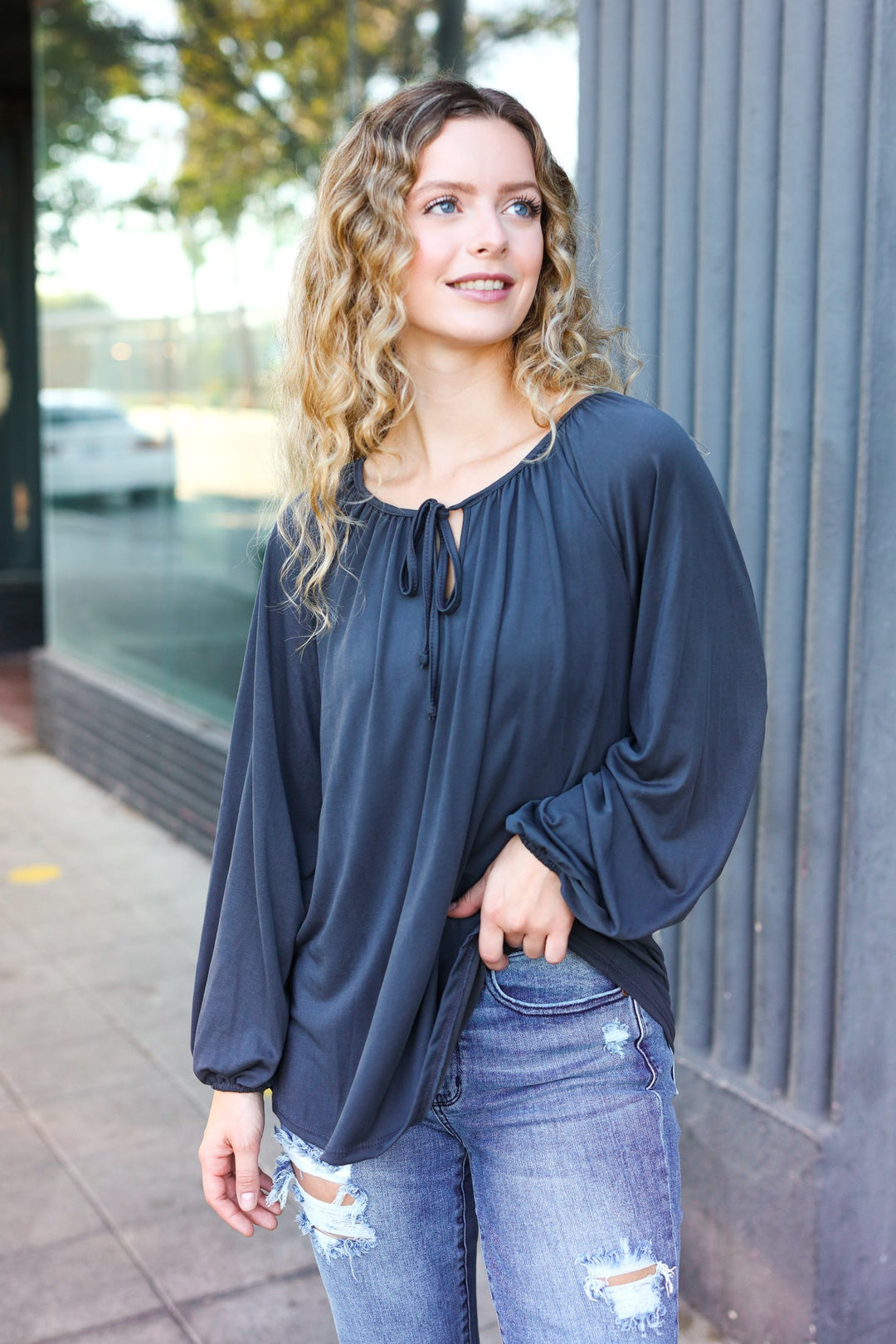 Versatile Charcoal Front Tie Modal Knit Peasant Tops | Nikki &amp; Co. Boutique