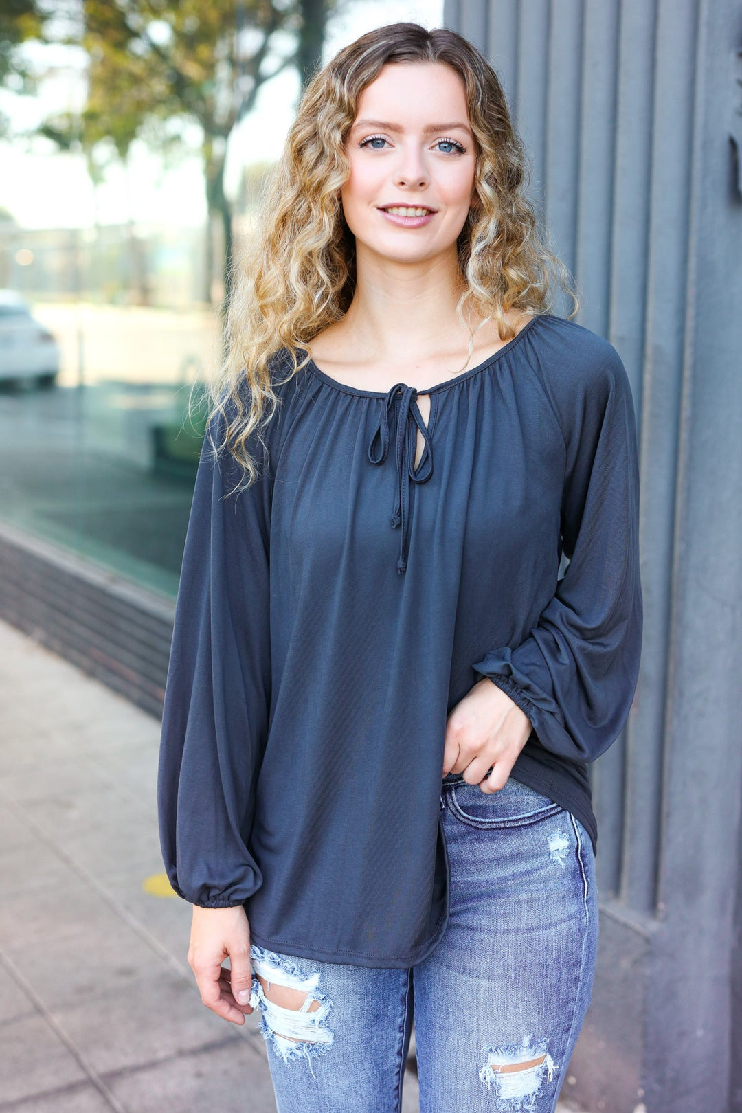Versatile Charcoal Front Tie Modal Knit Peasant Tops | Nikki &amp; Co. Boutique