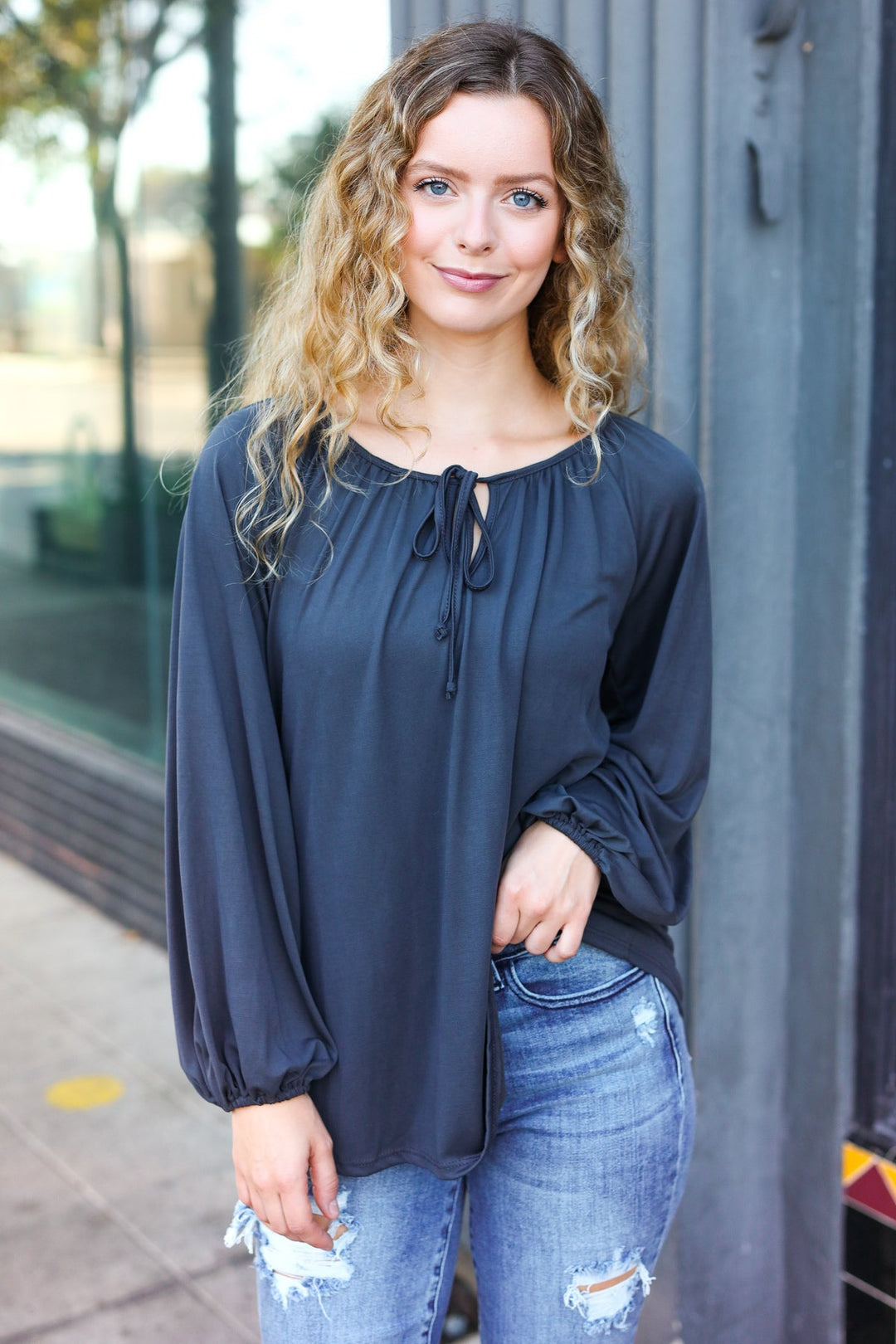 Versatile Charcoal Front Tie Modal Knit Peasant Tops | Nikki & Co. Boutique
