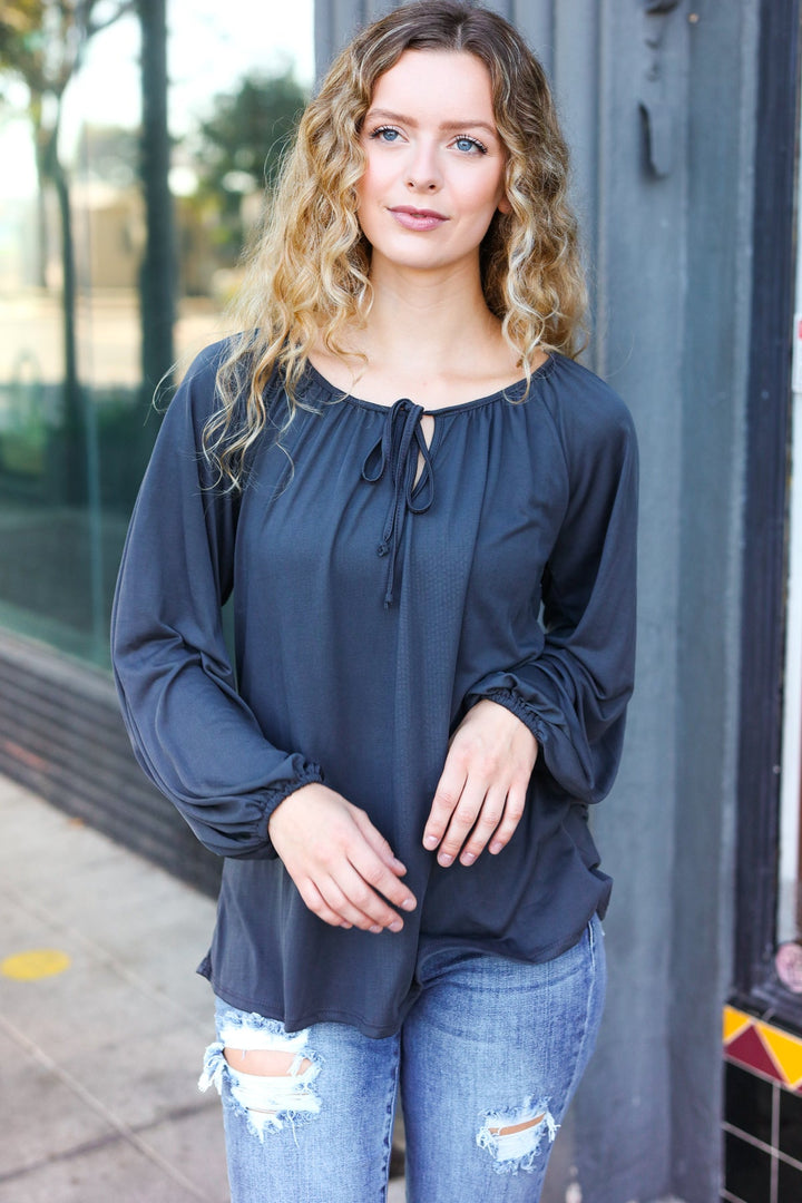 Versatile Charcoal Front Tie Modal Knit Peasant Tops | Nikki &amp; Co. Boutique