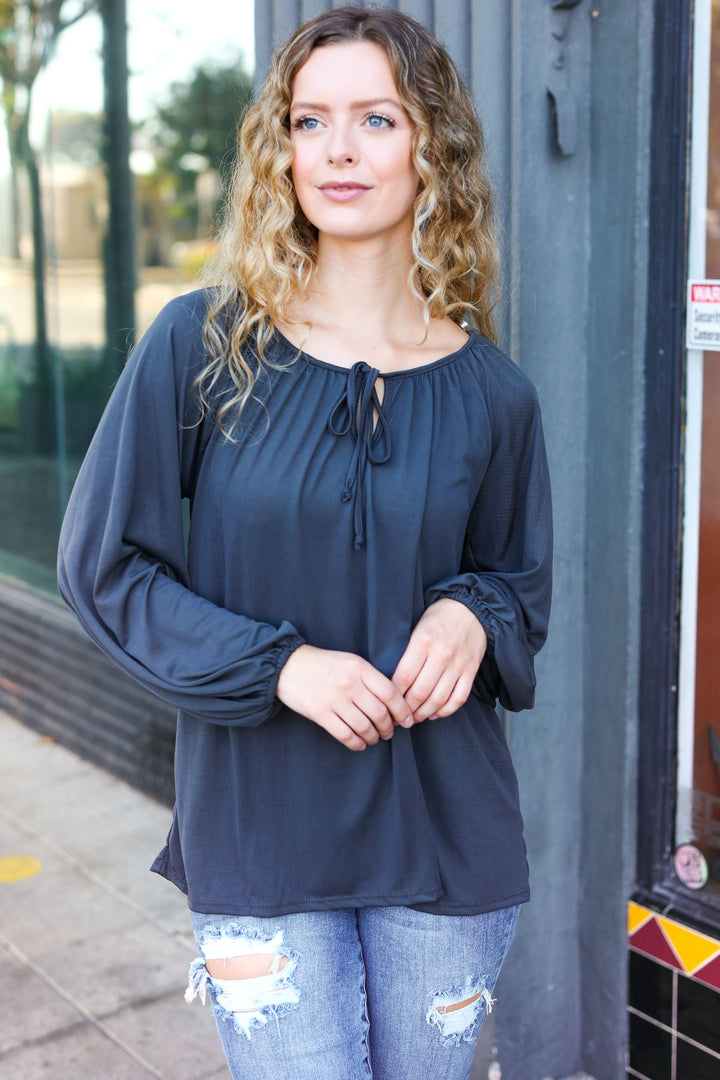 Versatile Charcoal Front Tie Modal Knit Peasant Tops | Nikki &amp; Co. Boutique