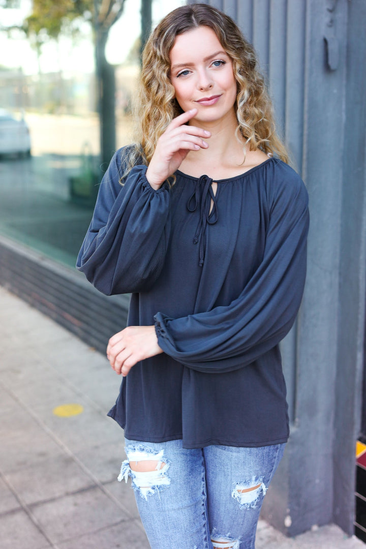 Versatile Charcoal Front Tie Modal Knit Peasant Tops | Nikki &amp; Co. Boutique