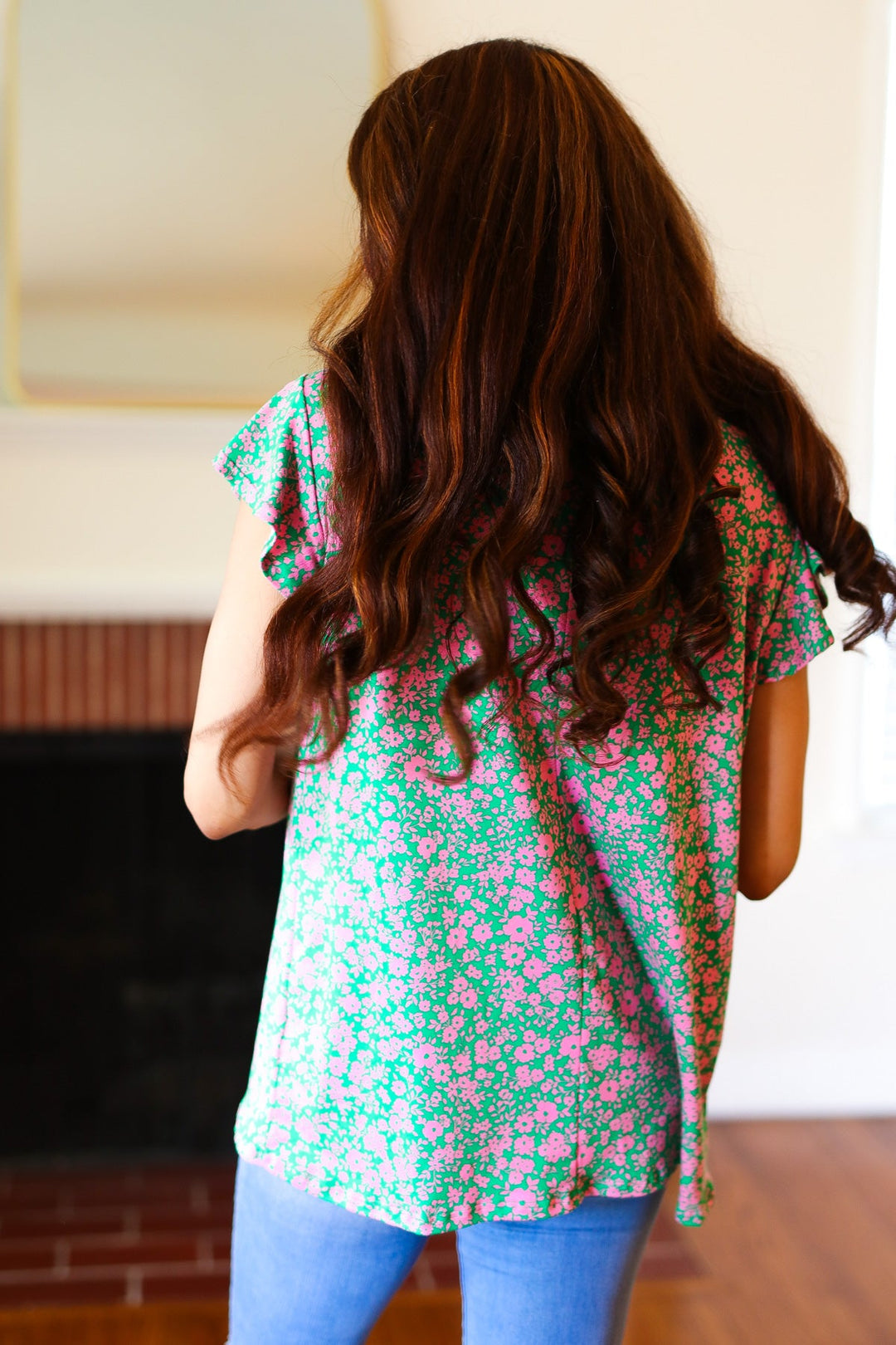 Dreamy Green &amp; Pink Floral Yoke Ruffle Shorts Sleeve Tops | Nikki &amp; Co. Boutique