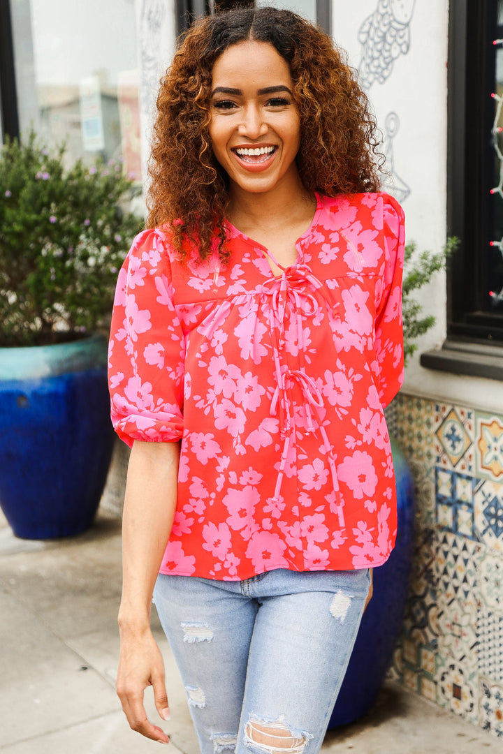 New Day Red Ribbon Bow Detail Floral Woven Blouse | Nikki &amp; Co. Boutique