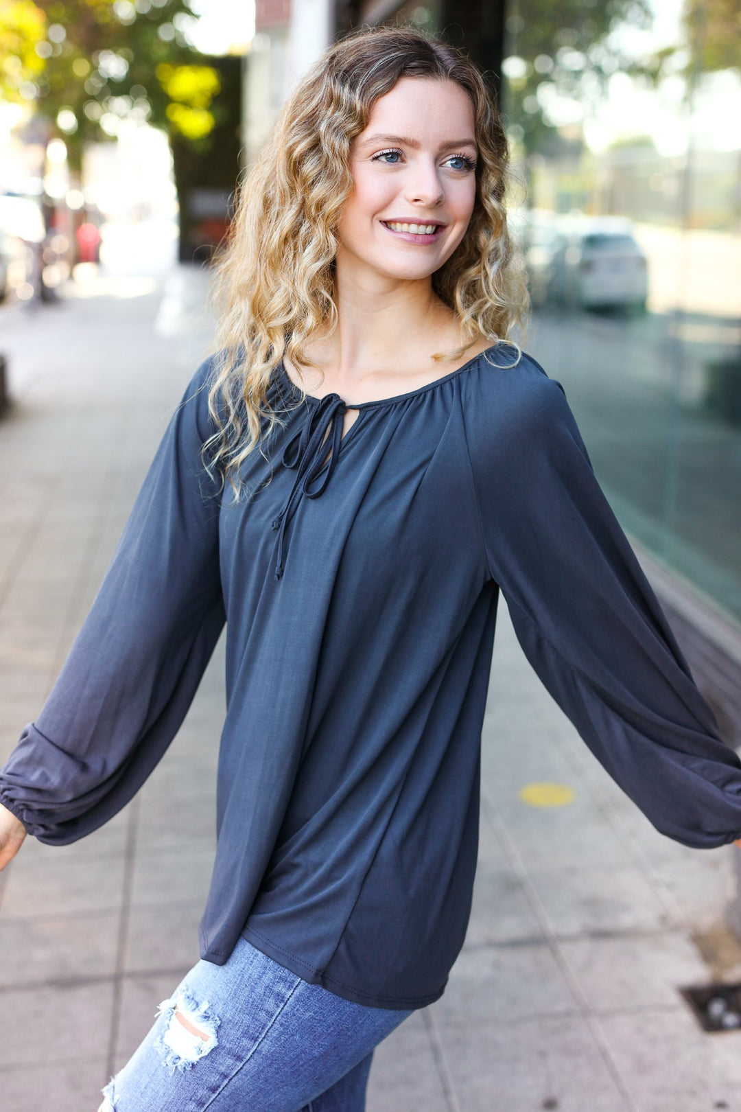 Versatile Charcoal Front Tie Modal Knit Peasant Tops | Nikki &amp; Co. Boutique