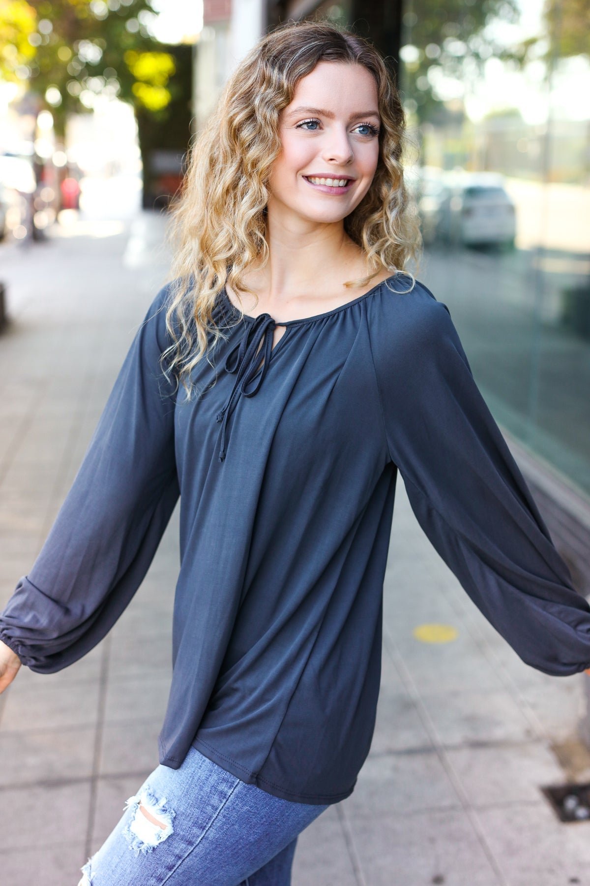 Versatile Charcoal Front Tie Modal Knit Peasant Top - Nikki and Co Boutique