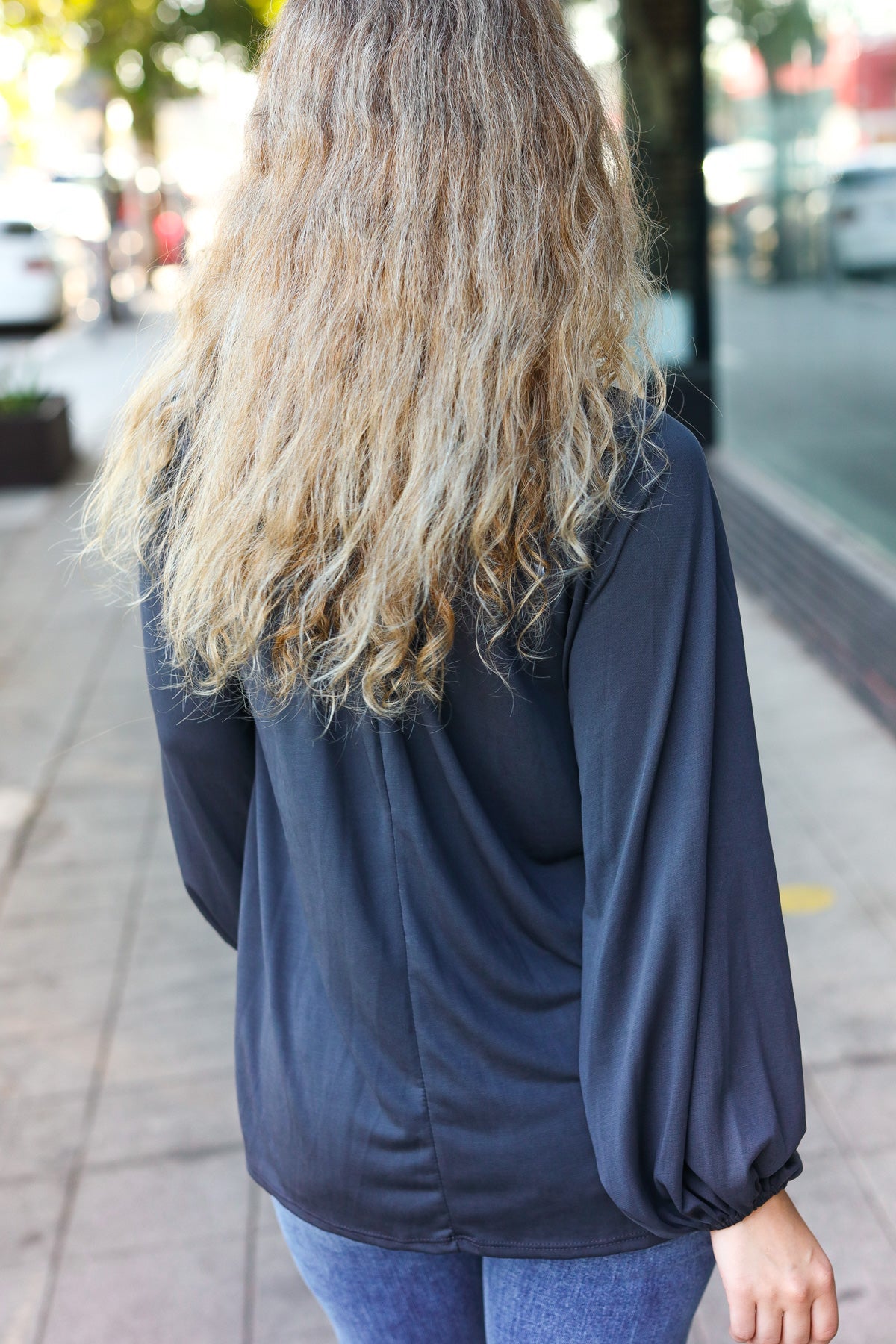 Versatile Charcoal Front Tie Modal Knit Peasant Top - Nikki and Co Boutique